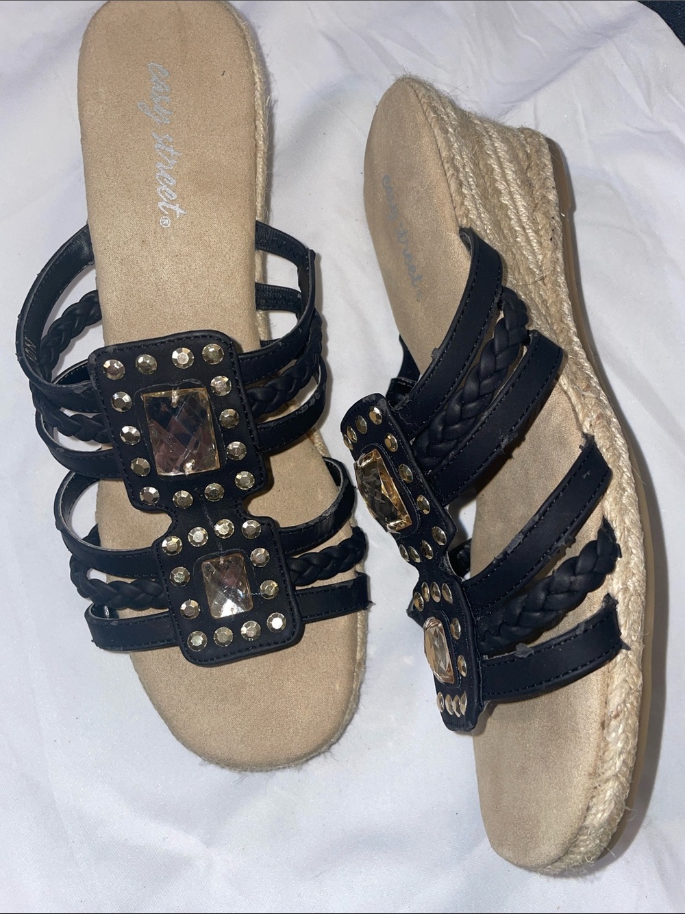 easy street Black Jeweled Braided Espadrille Slide Sandals